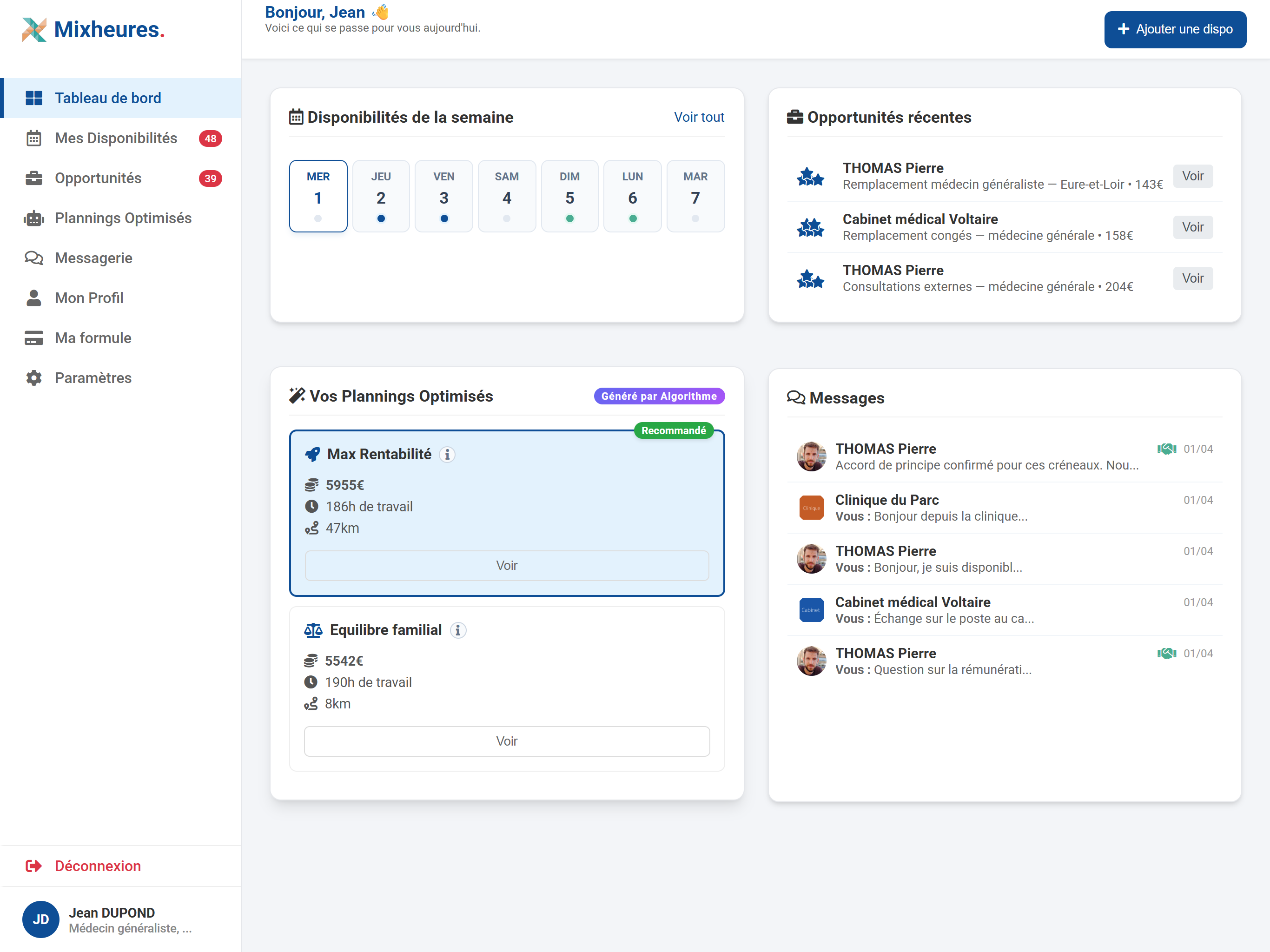 Interface Mixheures candidat - Plannings et calendrier (iPad)