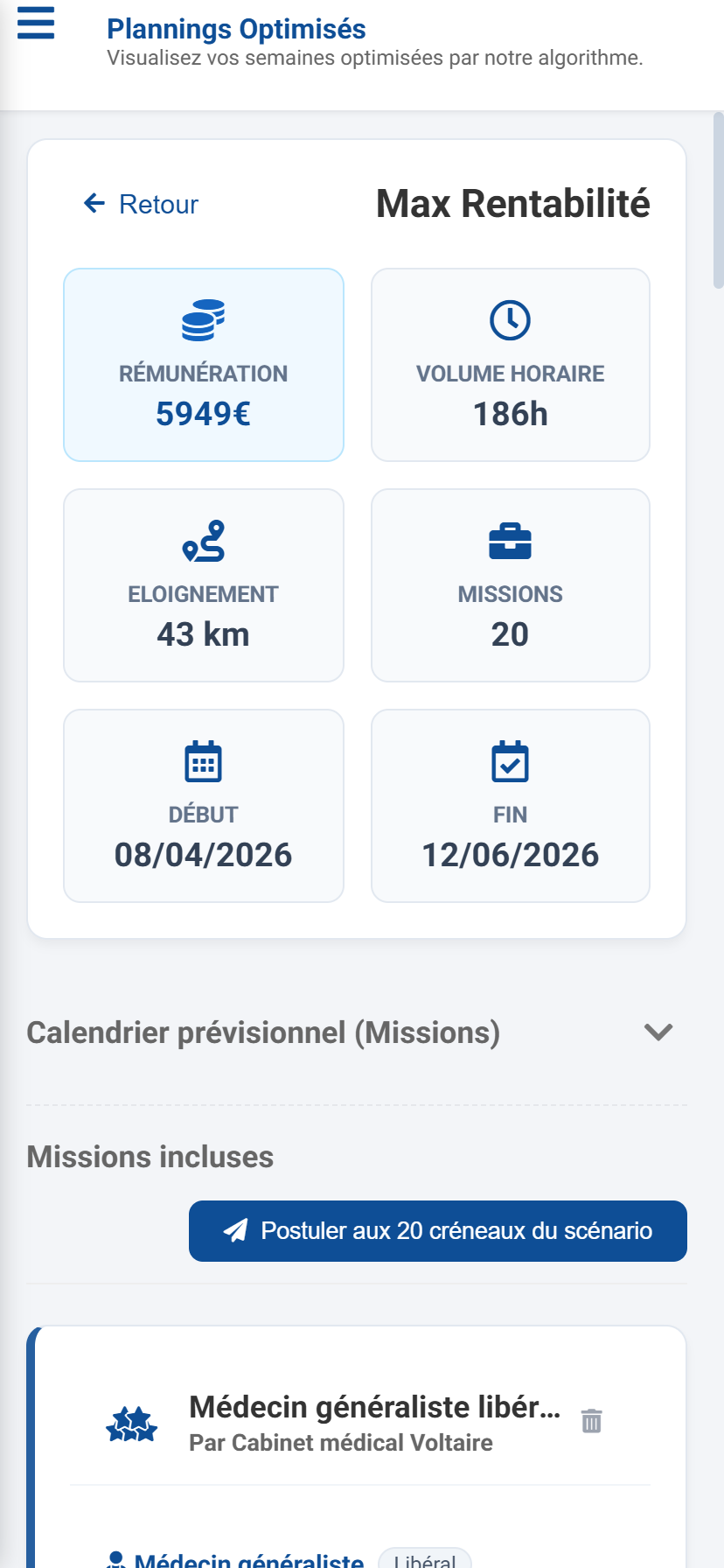 Interface Mixheures candidat - Tableau de bord (mobile)